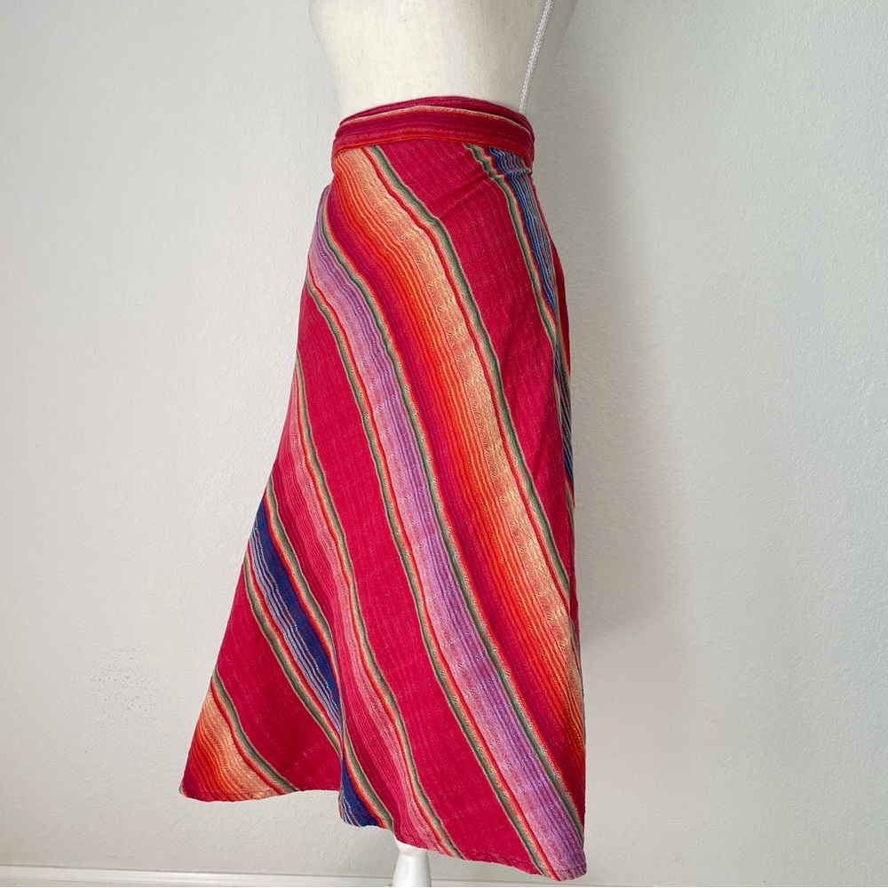 VINTAGE SARAPE COTTON WRAP SKIRT RAINBOW MULTICOLOR STRIPED MIDI - Picture 2 of 13